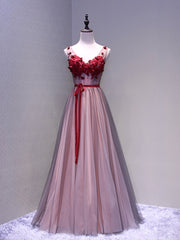 Formal Dress Modest, Burgundy V Neck Lace Floral Long Prom Dresses, Burgundy V Neck Long Formal Evening Dresses