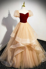 Silk Wedding Dress, Burgundy Velvet Glitter Cascading Ruffles Prom Dress, Champagne Tulle Floor Length Evening Dress