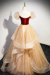 Winter Formal, Burgundy Velvet Glitter Cascading Ruffles Prom Dress, Champagne Tulle Floor Length Evening Dress