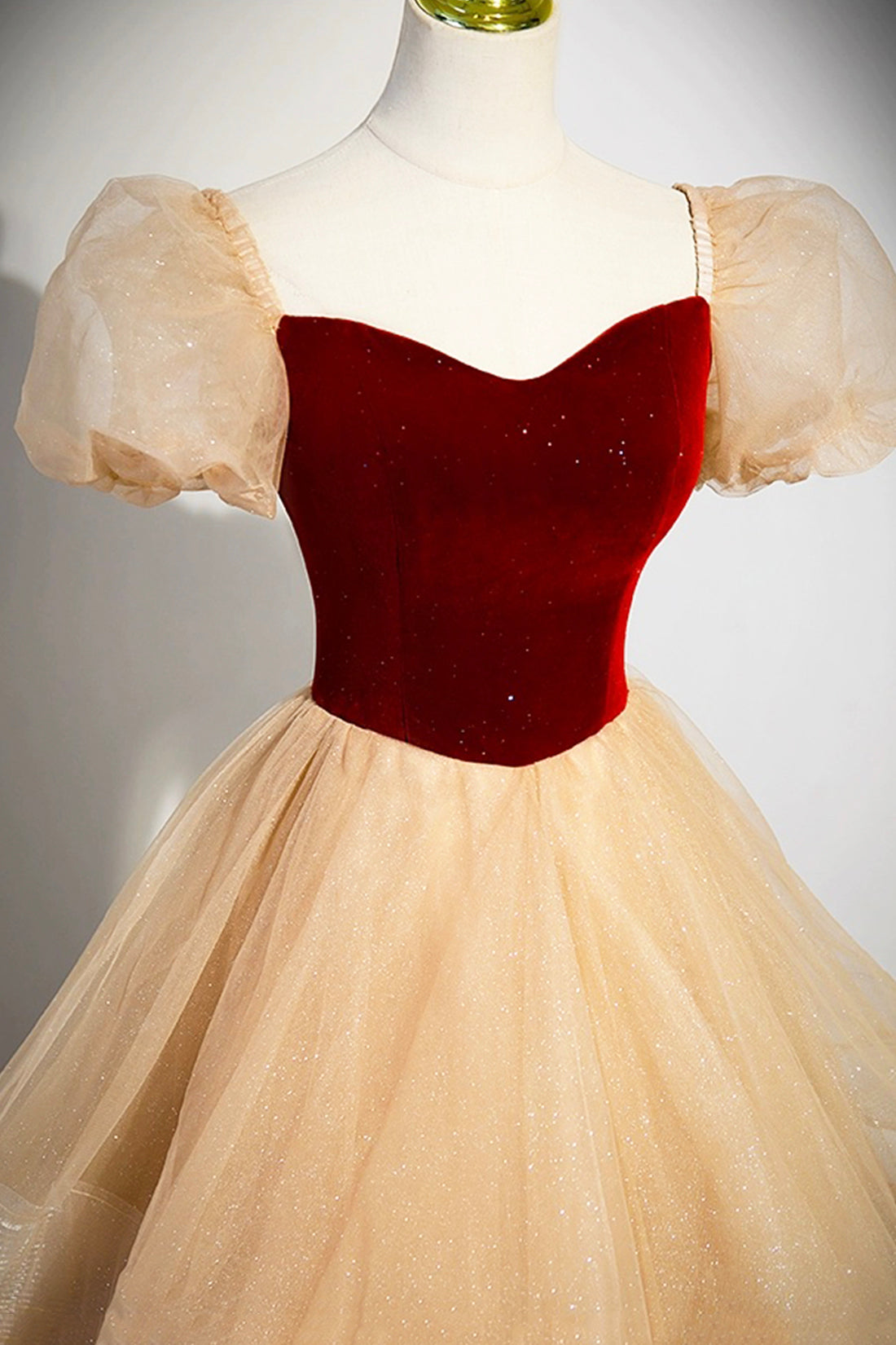 Mermaid Dress, Burgundy Velvet Glitter Cascading Ruffles Prom Dress, Champagne Tulle Floor Length Evening Dress