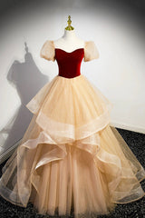 Prom Shoes, Burgundy Velvet Glitter Cascading Ruffles Prom Dress, Champagne Tulle Floor Length Evening Dress