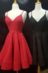 Bridesmaids Dresses Idea, simple real picture red satin spaghetti straps short homecoming dresses graduation dress