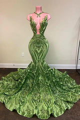 Satin Prom Dress, Exquisite Green V-neck Sequins Sleeveless Floor-length Mermaid Prom Dresses