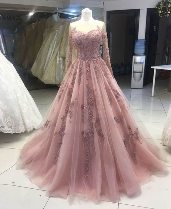 Bridesmaid Dress Colors Scheme, pink tulle lace prom dress long sleeve evening dress