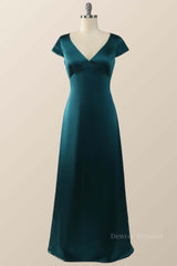 Long Dress Design, Cap Sleeves Dark Green Satin Long Bridesmaid Dress