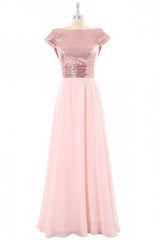Bridesmaid Dress Website, Cap Sleeves Rose Gold Sequin and Chiffon Long Bridesmaid Dress
