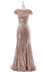 Bridesmaid Dresses Designers, Cap Sleeves Rose Gold Sequin Mermaid Long Bridesmaid Dress