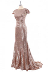 Bridesmaid Dress Design, Cap Sleeves Rose Gold Sequin Mermaid Long Bridesmaid Dress