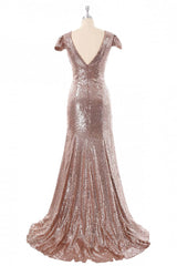 Bridesmaids Dresses Online, Cap Sleeves Rose Gold Sequin Mermaid Long Bridesmaid Dress