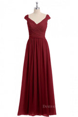 Prom Dresses Emerald Green, Cap Sleeves Wine Red Lace and Chiffon Long Bridesmaid Dress