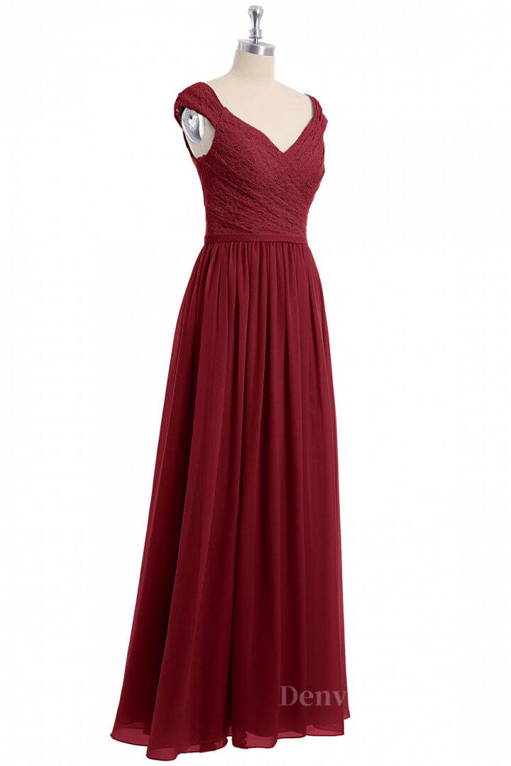 Prom Dress Modest, Cap Sleeves Wine Red Lace and Chiffon Long Bridesmaid Dress