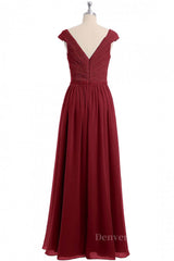 Prom Dress, Cap Sleeves Wine Red Lace and Chiffon Long Bridesmaid Dress