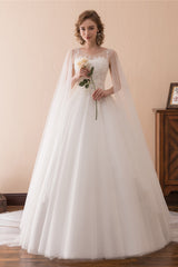 Wedding Dress Winter, Cape Cloak Tulle Appliques White Wedding Dresses