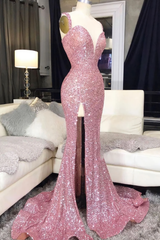 Party Dress Red Colour, Pink Sweetheart Sequin Mermaid Long Prom Dress, Pink Evening Dress