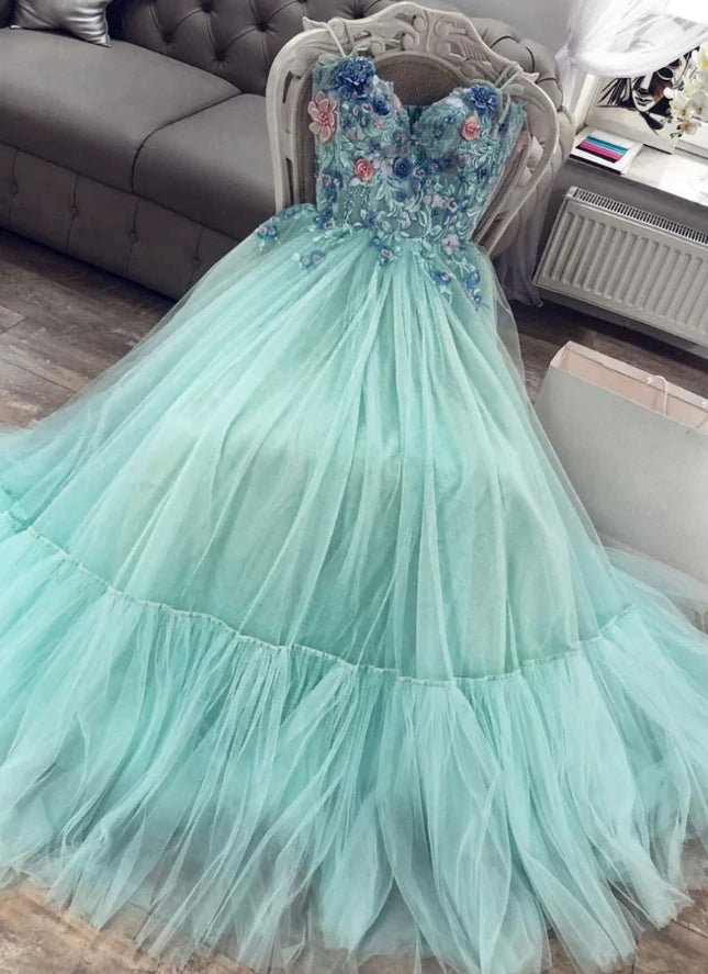 Prom Dress Long With Slit, A Line Mint Green Sweetheart Tulle Appliques Long Prom Dresses
