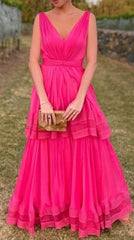 Party Dress Name, Hot Pink V-Neck A-Line Chiffon Two Layers Evening Dresses Long Prom Dresses