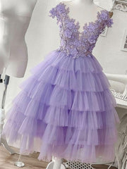 Pretty Prom Dress, Purple Tulle Applique Short Homecoming Dress, Homecoming Dress