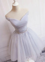 Bridesmaid Dresses Mismatched Winter, Charming Sliver Grey Short Beaded Tulle Party Dress, Homecoming Dress