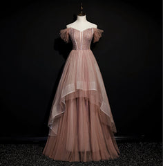 Party Dress Size 86, Dark Pink Tulle Beaded Layer Tulle Long Evening Dress, Charming Prom Dress