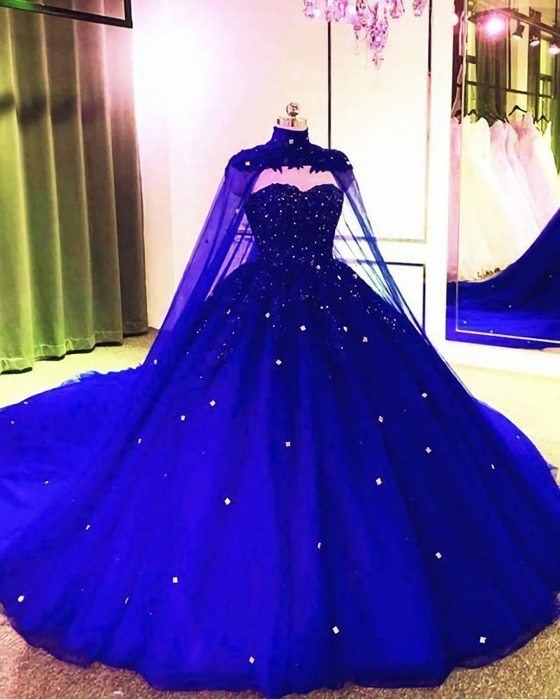 Black Dress Outfit, Royal Blue Tulle Ball Gown Prom Dress, With Cape