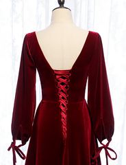 Party Dresses Night, Charming Dark Red Velvet Long Sleeves A Line Party Dress, Party Prom Dress