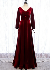 Party Dress Classy Elegant, Charming Dark Red Velvet Long Sleeves A Line Party Dress, Party Prom Dress