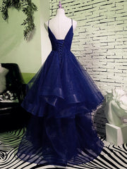 Party Dress Look, Charming Spaghetti Strps Navy Blue Prom Dress 2024 Tulle Layers Long Evening Gown