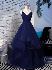 Party Dresses Teen, Charming Spaghetti Strps Navy Blue Prom Dress 2024 Tulle Layers Long Evening Gown