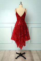 Party Dresses Pink, Burgundy V Neck Lace High Low Prom Dress, Lace Formal Dress