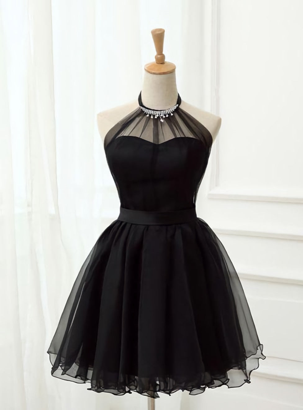 Wedding Color, Sexy Black Lace Halter Long Sleeves Short Homecoming Dress