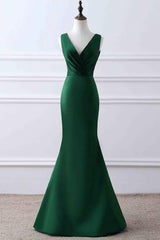 Party Dresses Summer, Prom Dress, Green Matte Satin V Neck Mermaid Unique Design Evening Dress