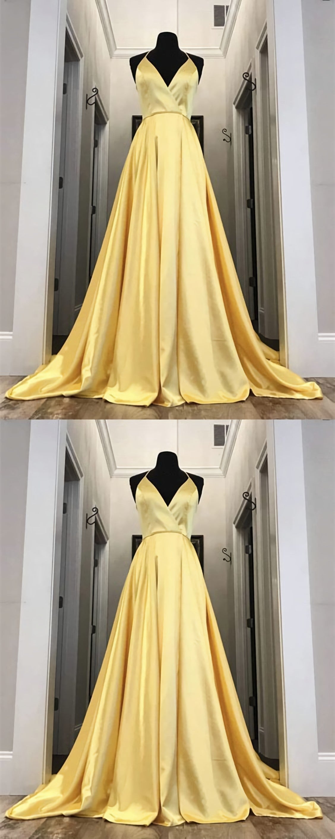 Party Dress Midi With Sleeves, Long Yellow Prom Dresses, Leg Split Evening Gowns