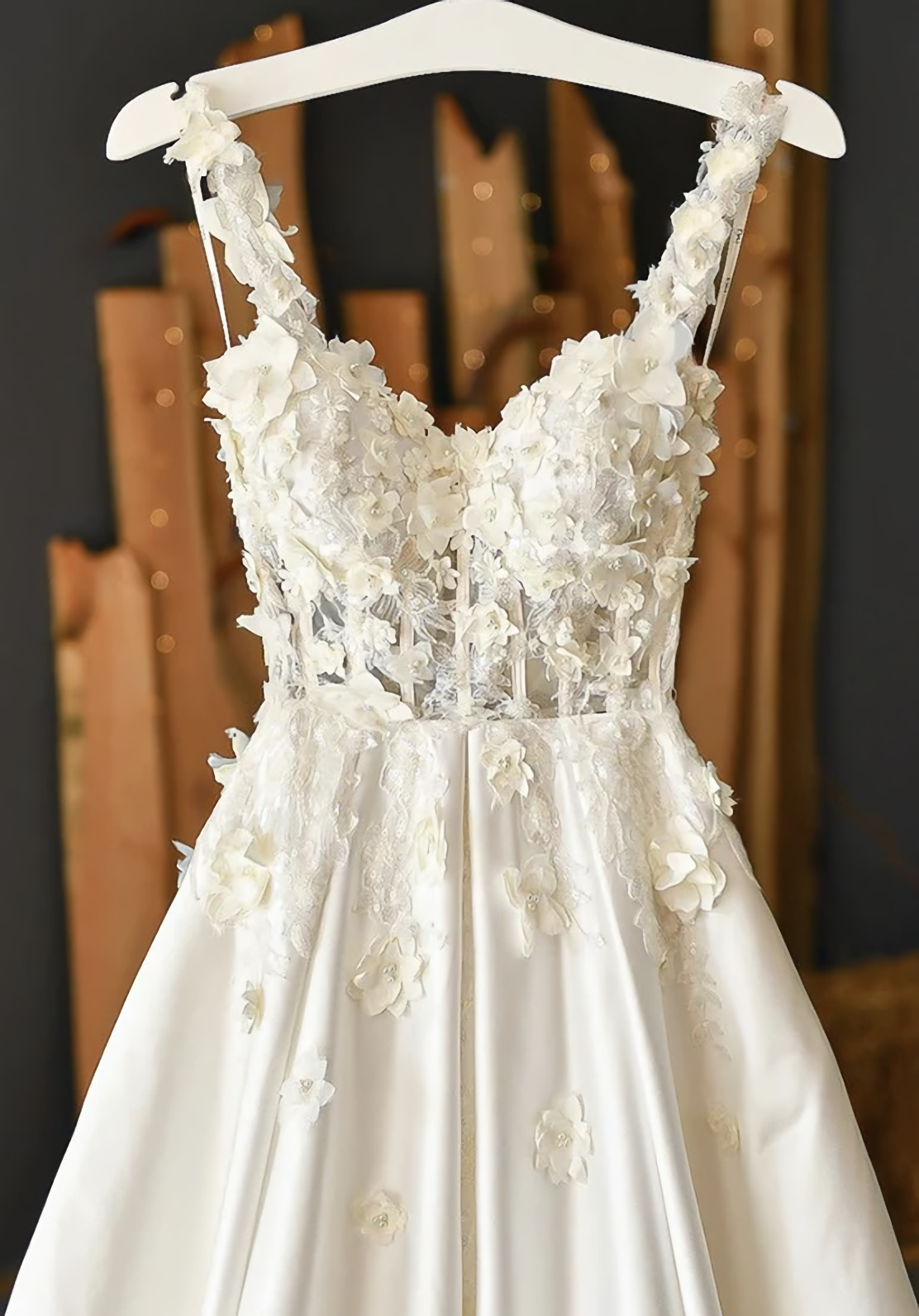 Gown Dress, White Satin Applique Long Prom Dress, Evening Dress