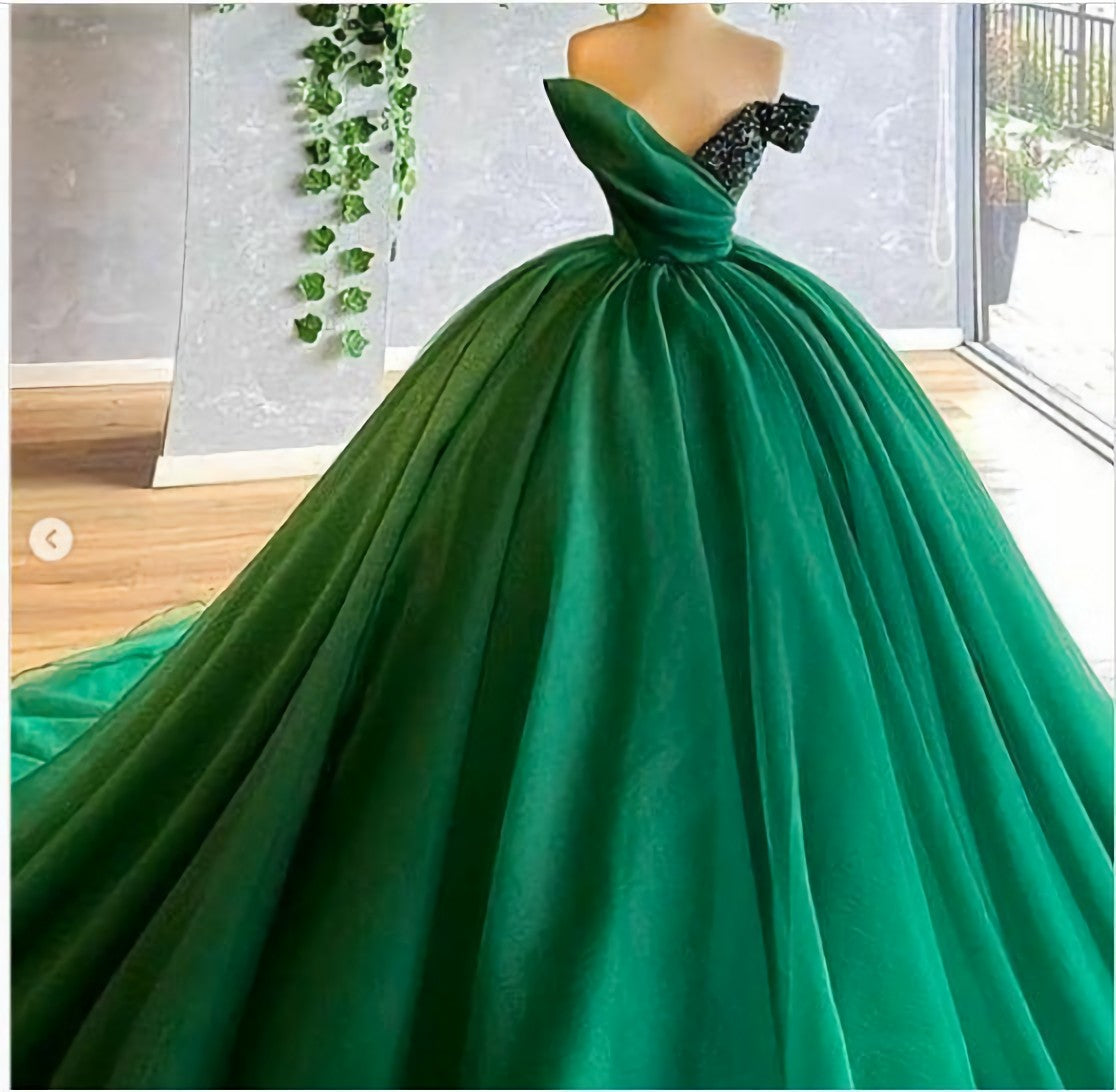 Party Dress Long Dress, Green Prom Dresses, Ball Gown Puffy Tulle Sequins Beading Floor Length Long Arabic Long Evening Dresses, Gowns