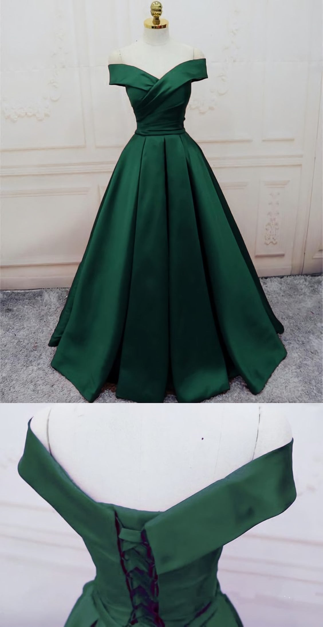 Party Dress Inspo, Emerald Green Long Satin Evening Dresses, V Neck Off The Shoulder Prom Dresses