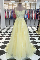 Party Dress Emerald Green, Yellow Tulle Lace Long Prom Dress, Yellow Lace Formal Dress