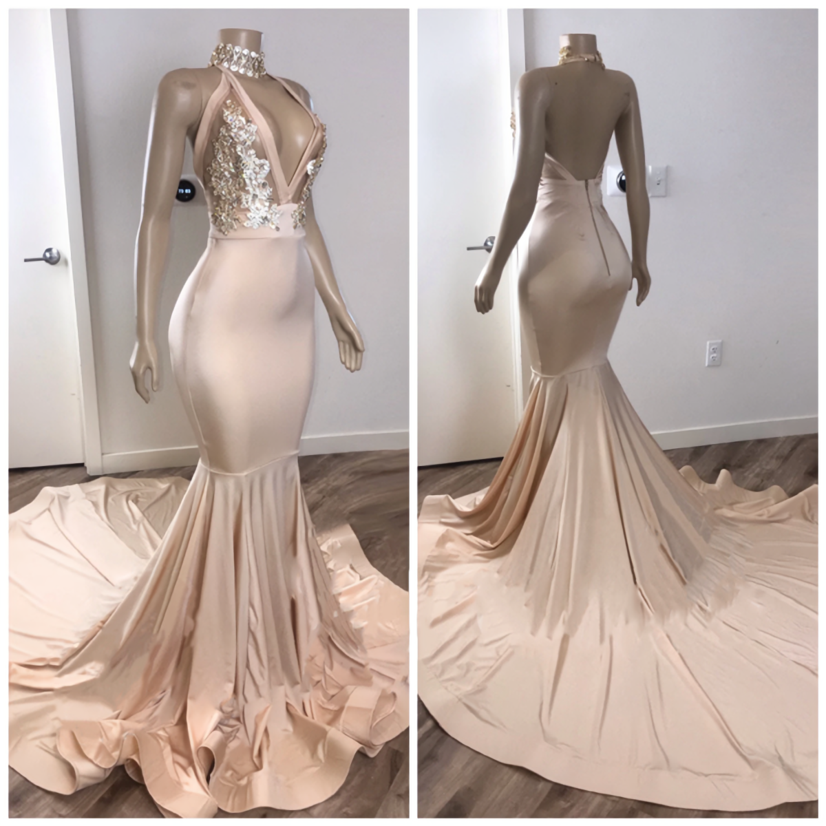 Party Dress Near Me, Black Girl Prom Dresses, Backless Champagne Pink Cheap Prom Dresses, With Appliques