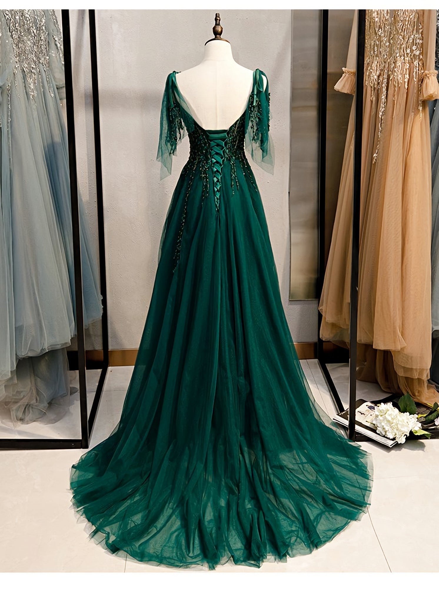 Party Dress Fashion, Elegant V Neckline Straps Tulle Long Junior Prom Dress, Green Prom Dress 2024