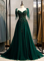 Party Dress Short, Elegant V Neckline Straps Tulle Long Junior Prom Dress, Green Prom Dress 2024