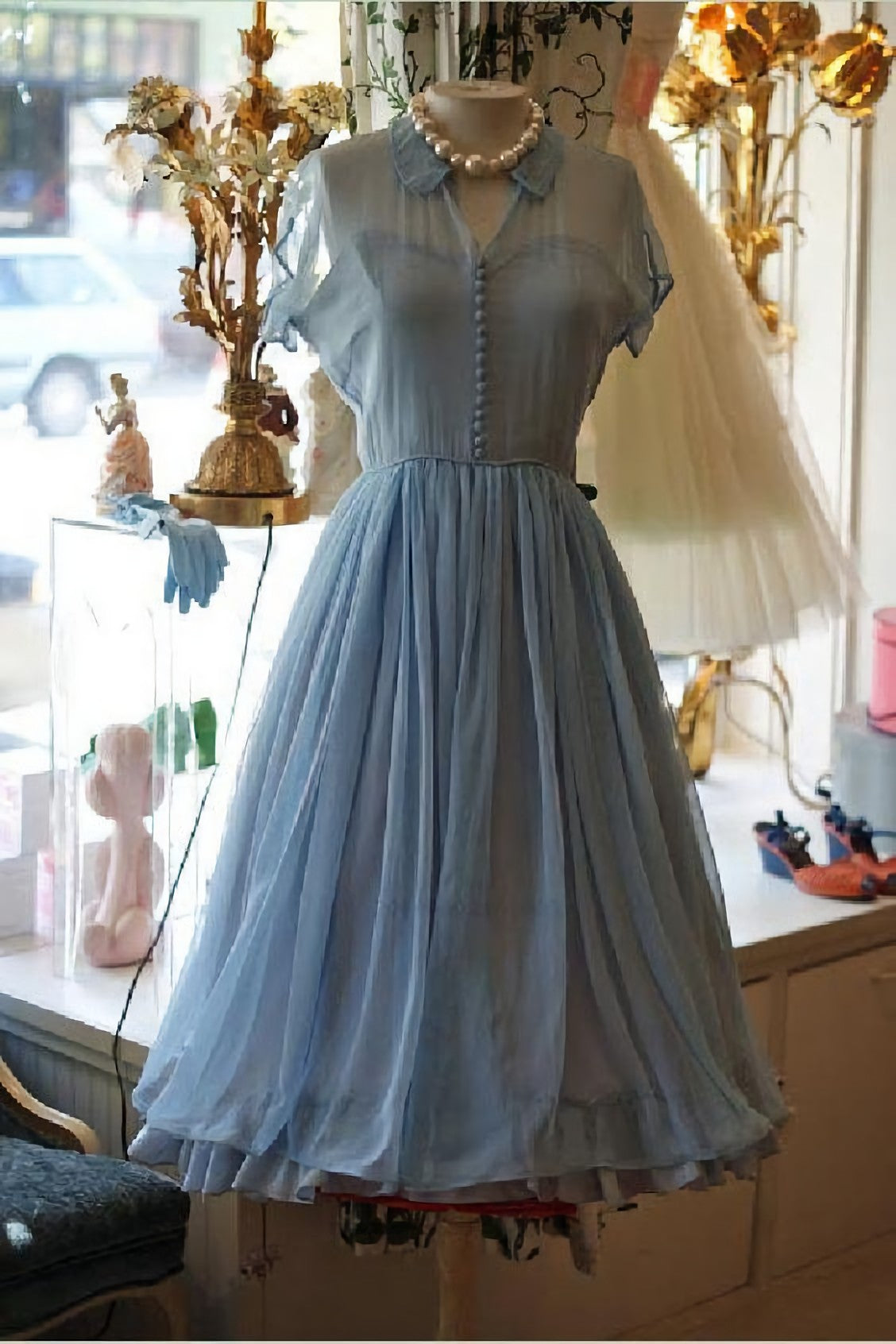 Bridesmaid Dresses Convertable, Light Dresses, Chiffon Elegant A Line Doll Collar Short Sleeves Homecoming Blue Chiffon Vintage Style Dress
