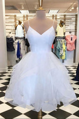 Bridesmaid Dresses, White Tulle Layered V Neck Short Homecoming Dress, White A Line Party Dress