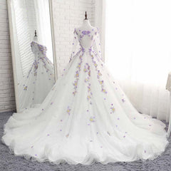 Party Dress Code, White Tulle Ruffles Long 3D Flower Lace Applique Prom Dress, Quinceanera Dress, With Sleeve