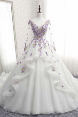 Party Dress Codes, White Tulle Ruffles Long 3D Flower Lace Applique Prom Dress, Quinceanera Dress, With Sleeve