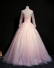 Party Dresses Classy Elegant, Pink Tulle Beaded Long Lace Applique Formal Prom Dress, Evening Dress, With Sleeve