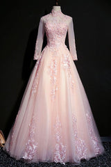 Party Dresses Size 25, Pink Tulle Beaded Long Lace Applique Formal Prom Dress, Evening Dress, With Sleeve