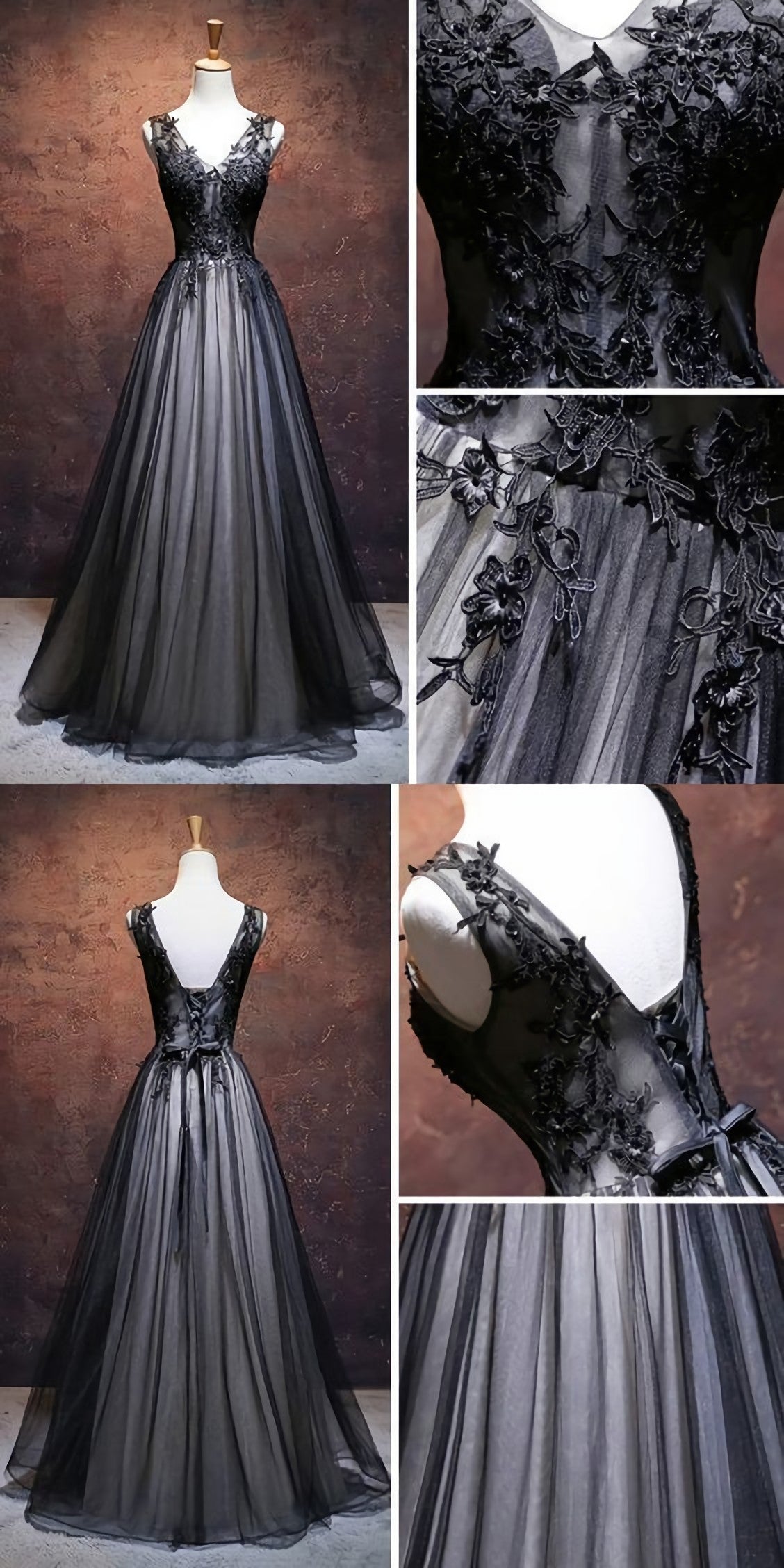 Winter Formal, Chic A Line V Neck Floor Length Tulle Black Applique Long Prom Dress, Evening Dress