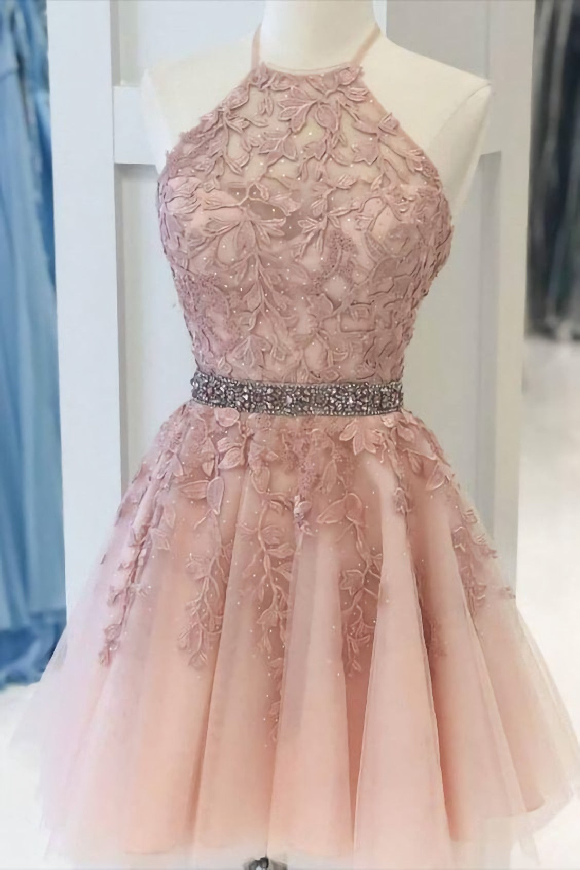 Garden Wedding, Pink Halter Appliqued Homecoming Dress, With Beading Belt
