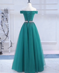 Party Dress Outfit Ideas, Pretty Hunter Green Off Shoulder Beaded Prom Dress, Long Evening Dress, Party Dress