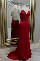 Party Dress With Sleeves, Mermaid Red Long Evening Dress, Formal Dress, With Open Back Prom Dress