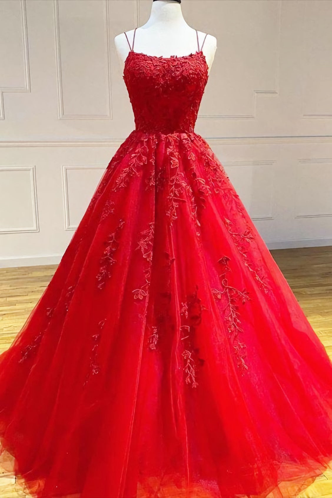 Party Dress For Night, 2024 A Line Red Lace Long Prom Gown Ball Gown Sweet 16 Dress